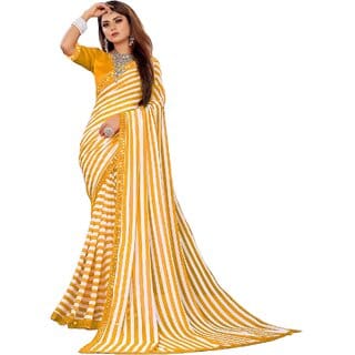 SVB Sarees Womens Yellow Colour Stripped Pure Georgette Printed Saree With Lace Border