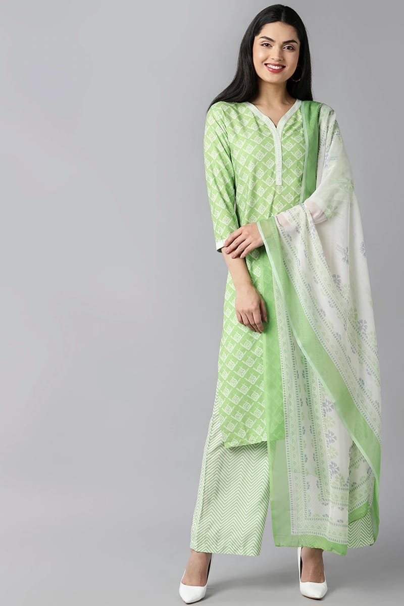 Lime Green Polyester Straight Kurta Palazzo With Dupatta PKSKD1075