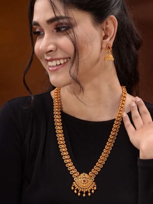 Gold Plated Floral Antique Temple Necklace Jewellery Set