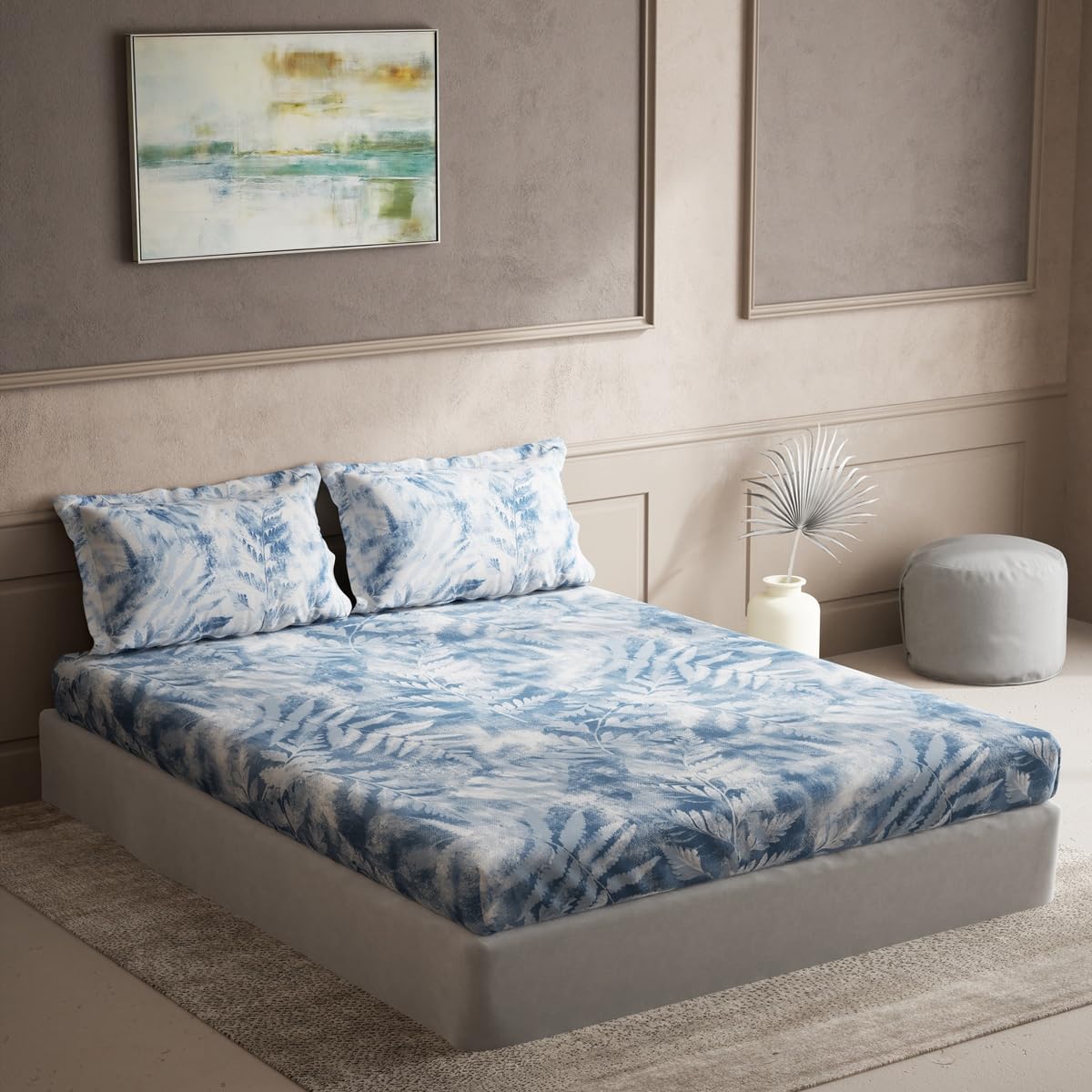 DDECOR - Maxima Collection 100% Cotton Leaves Pattern 136TC Super King |274 CM X 274 CM| with 2 Pillow Covers - Blue