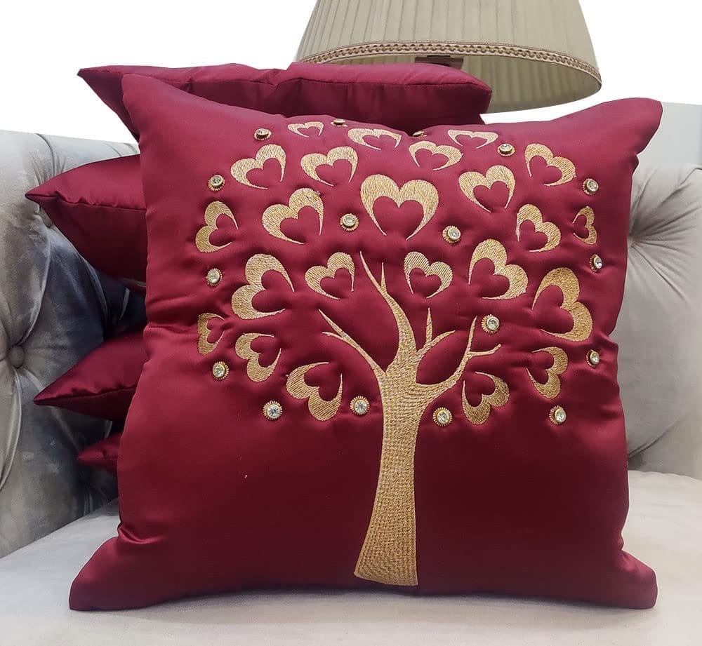 GOODVIBES Maroon Red Gold Embroidered Velvet Cushion Case Luxury Modern Throw Pillow Cover Decorative Pillow for Couch Living Room Bedroom Car| 16X16 Inches | 40cm * 40 cm I Set of 5|