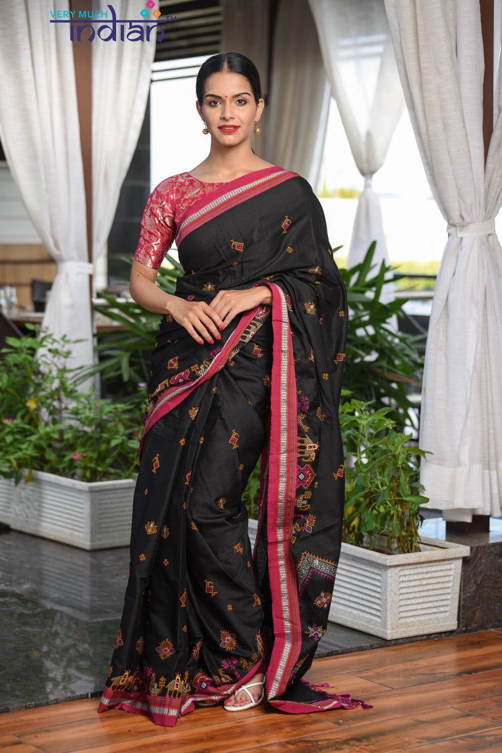 Traditional Khun Kashida work- Cotton Resham - Black Weave with Purple Border