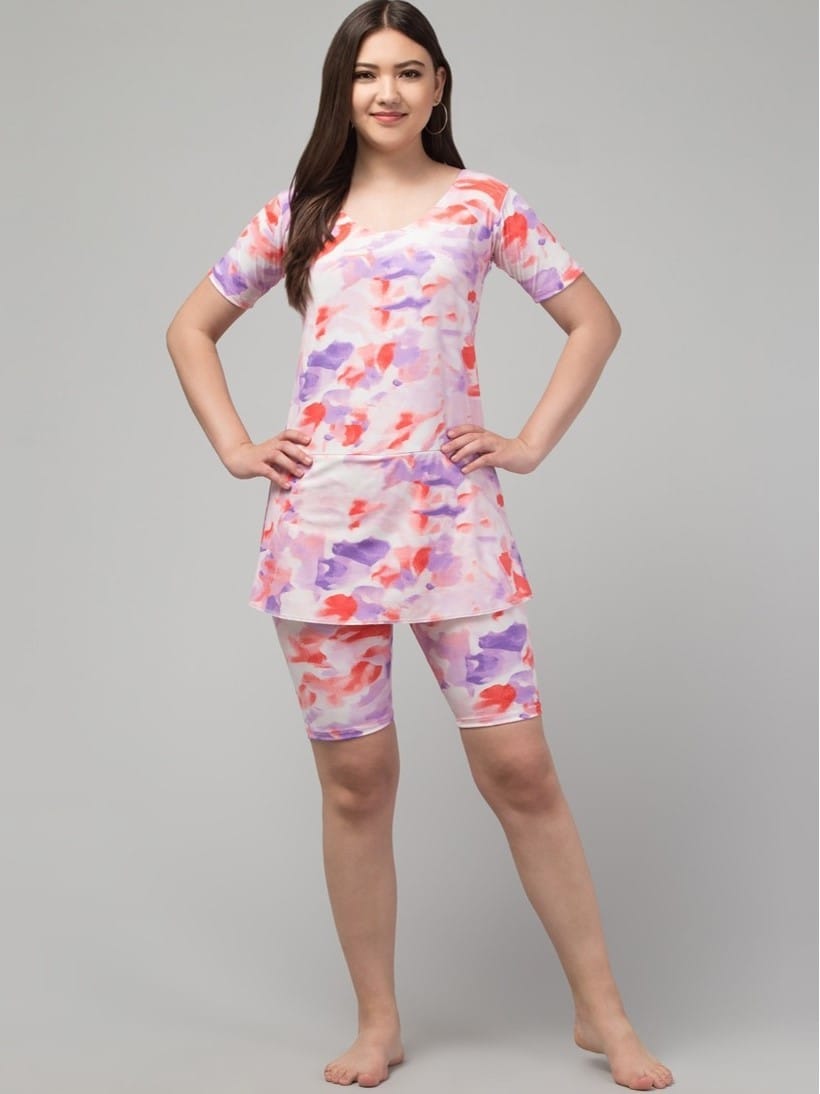Womens Polyester Spandex Printed Round Neck Swimsuit Set Size 2XL (Multicolor)