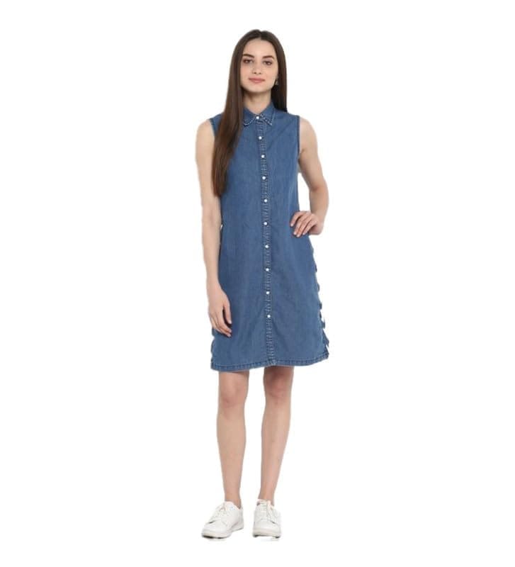 Women's Denim Solid Sleeveless Above Knee Dress (Blue, XL)-PID55740