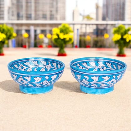 Blue Pottery Floral BowlsSet of 2Cyan Blue