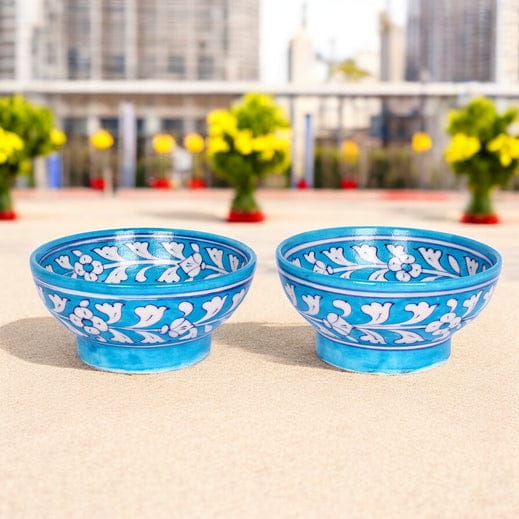 Blue Pottery Floral BowlsSet of 2Cyan Blue