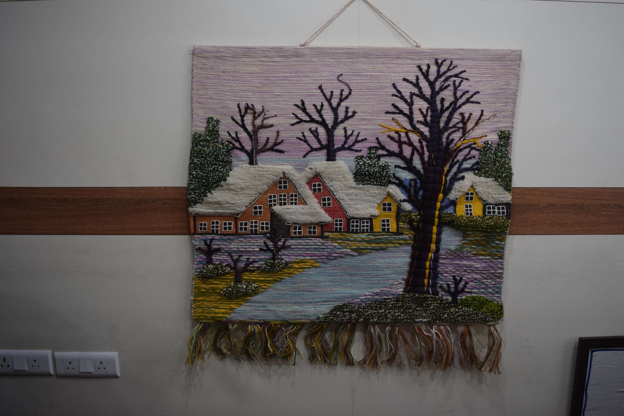 Handmade Winter Village Wall Hanging, Decorative Woven Tapestry with Fringe, Cotton Blend, Snow Scene with Houses, Trees, Landscape Art