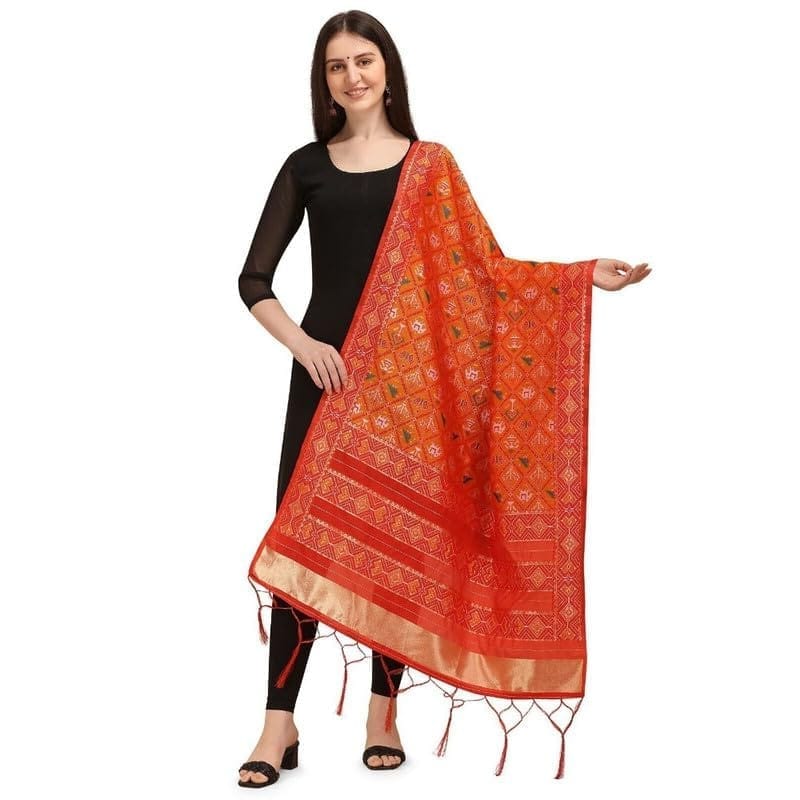 Women's Silk Pure Zari weaving Duppatta (Orange, Leangth: 2-2.3 Mtrs)-PID44950