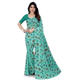 SVB Sarees Womens Sea Green Colour Animal Printed Georgette Saree With Blouse Piece