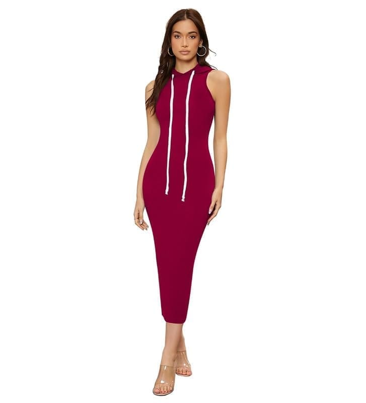 Women's Knitting Stretchable Solid Round Neck Sleeveless Dresses (Maroon, S)-PID56811