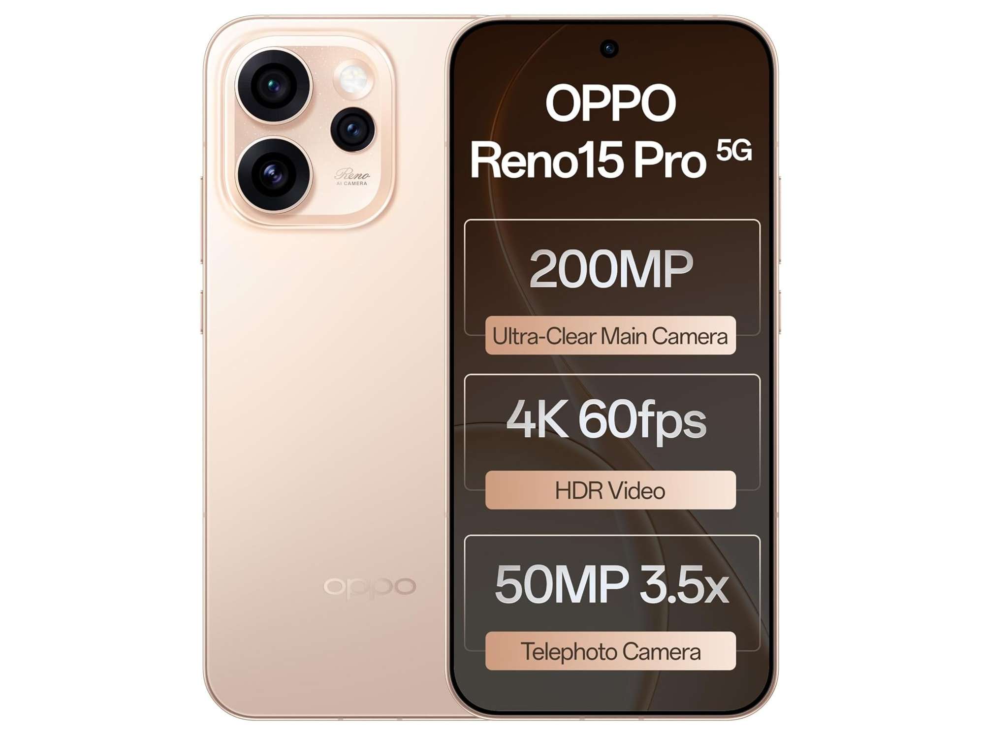 Oppo Reno 15 Pro 5G Smartphone, 12GB RAM, 512GB Storage, Elegant Design - Sunset Gold