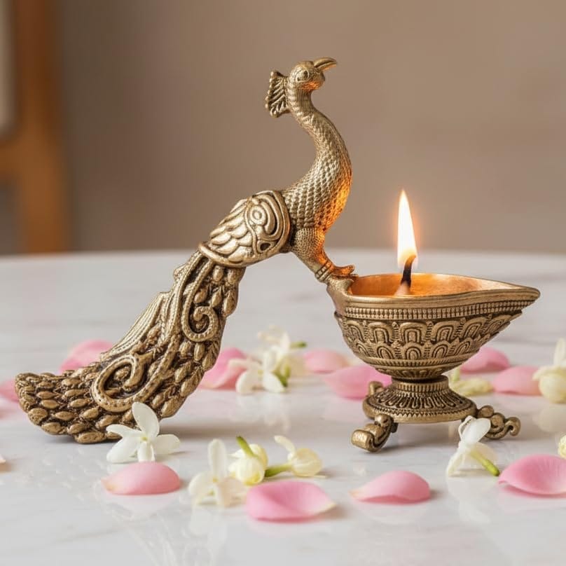 Sukh Sehaj Mayura Deepam (Brass Peacock Diya), Handcrafted, 4.5 Inch, Antique Yellow Finish, Oil Lamp/Diya for for Home Decor, Pooja Ritual and Gifting