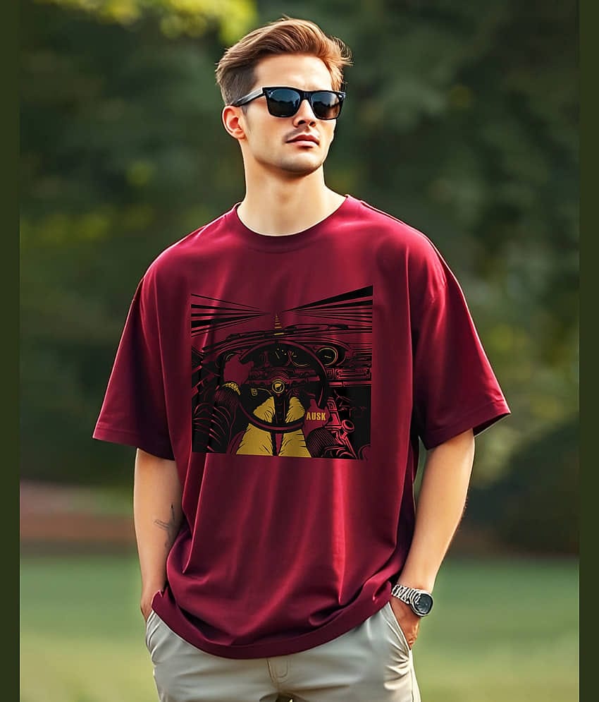 AUSK Cotton Oversized Fit Printed Half Sleeves Men's Round T-Shirt - Maroon ( Pack of 1 )