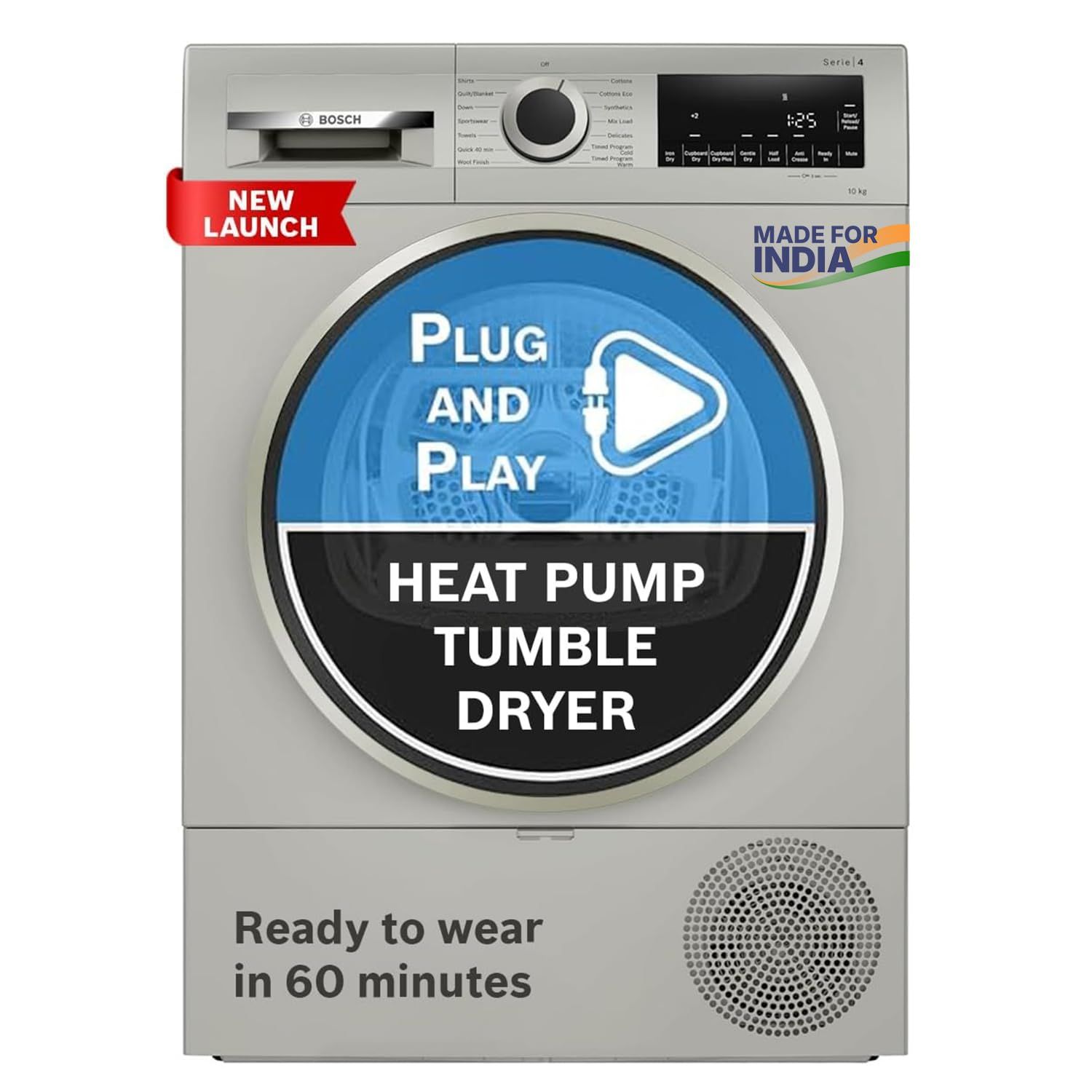 Bosch 10 kg Fully Automatic Front Load heat Pump Tumble Dryer | 100% Drying, 0% Effort | 5 Drying Options | Reduces 99.9% Allergens | Ready-to-Wear No Crease (2026 model, WQG2520XIN, Silver Inox) Bosch 10 kg Fully Automatic Front Load heat Pump Tumble Dr