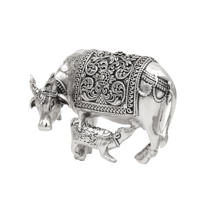 Pure Silver Cow and Calf Idol | Kamdhenu Gau Mata Murti | Decorative & Spiritual Figurine for Home मंदिर Decor I Weight - 45 g