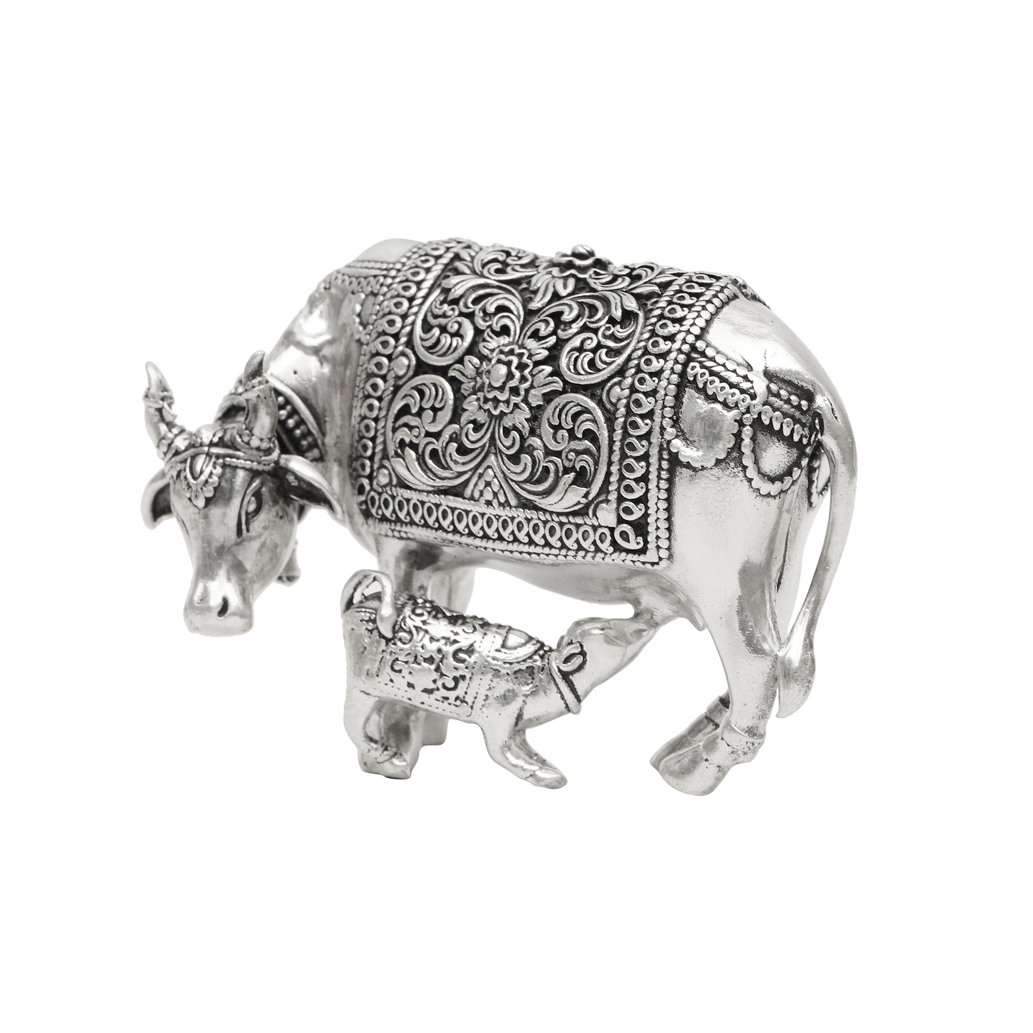 Pure Silver Cow and Calf Idol | Kamdhenu Gau Mata Murti | Decorative & Spiritual Figurine for Home मंदिर Decor I Weight - 45 g