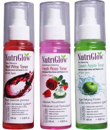 Nutriglow Green Apple Toner+ Fresh Rose Toner+Red Wine Toner  (120ml) Skin Freshener 120 mL Pack of 3