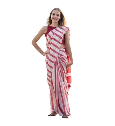 DARSHANS Women's Linen Printed Saree With Unstitched Blouse 5.5Mtr (Red)-PID65206