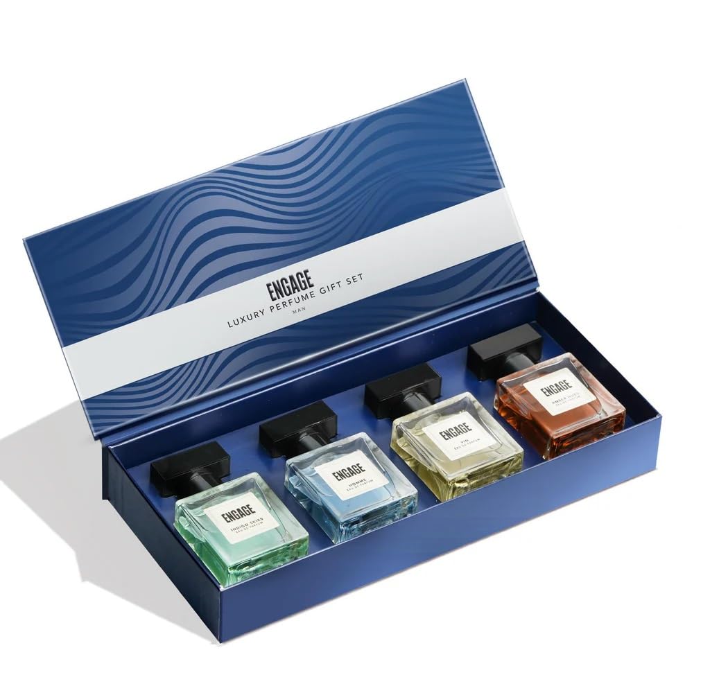 Engage Luxury Perfume Gifts For Men, 100ml, Long Lasting Smell, Best Birthday, Anniversary Gift Hamper, Eau De Parfum, Travel Sized Combo, 25ml x 4