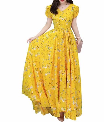 Raabta Fashion Women Georgette Printed Gown ( Yellow )