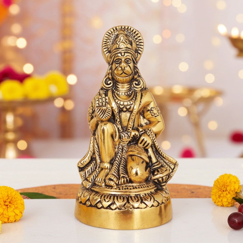 Aluminium Hanuman Ji Statue With Brass Antique Artistic Finish, Height : 6.2 Inch (ASMAS256 G)