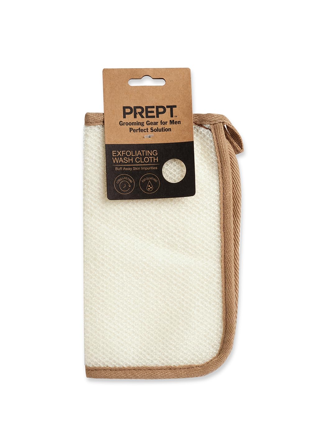 PREPT Exfoliating Wash Cloth for Men, Grooming Gear, White with Tan Trim