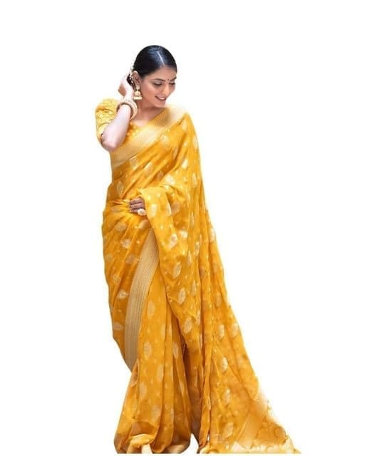 Women's Soft Lichi Silk Printed Saree With Unstitched Blouse 5.5Mtr (Yellow)-PID63643