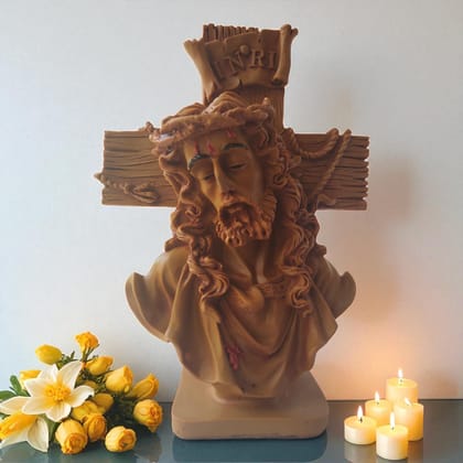 AMS Jesus Christ Idol with Cross | Resin Statue of Lord Jesus with Crown of Thorns & INRI Sign � Antique Brown Finish | Christian Showpiece for Home Altar, Prayer Room & Gifting � 8 Inch AMS Jesus Christ Idol with Cross | Resin Statue of Lord Jesus with Crown of Thorns & INRI Sign � Antique Brown Finish | Christian Showpiece for Home Altar, Prayer Room & Gifting � 8 Inch