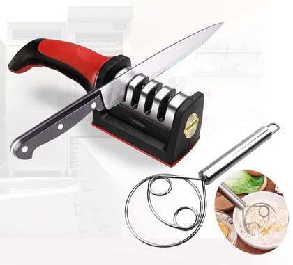 Kitchen Knife Sharpener | Free Stainless Steel Dough Whisk | 3-Stage Sharpening Tool | Ergonomic Handle, Removable Grinding Head, Sharpen With Ease | Sharpen All Types Of Knifes
