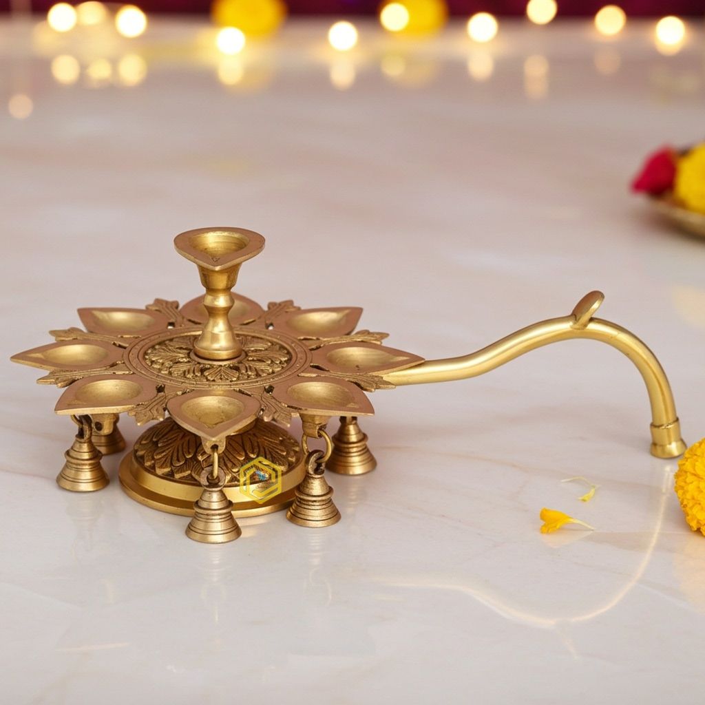 Brass Table Decor 9 Wicks Deepak, Oil Lamp  - Multiwick Brass Deepak for Aarti Use, Height : 6 Inch (BSMAS1503 I)