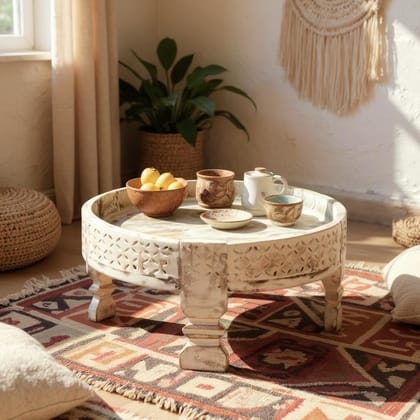 PREET SPICE Wooden Chakki Round Table, White Wash, 45x45x20 cm Perfect for Home & Living Room Decor,Coffee & Snack Serving Table PREET SPICE Wooden Chakki Round Table, White Wash, 45x45x20 cm Perfect for Home & Living Room Decor,Coffee & Snack Serving Table