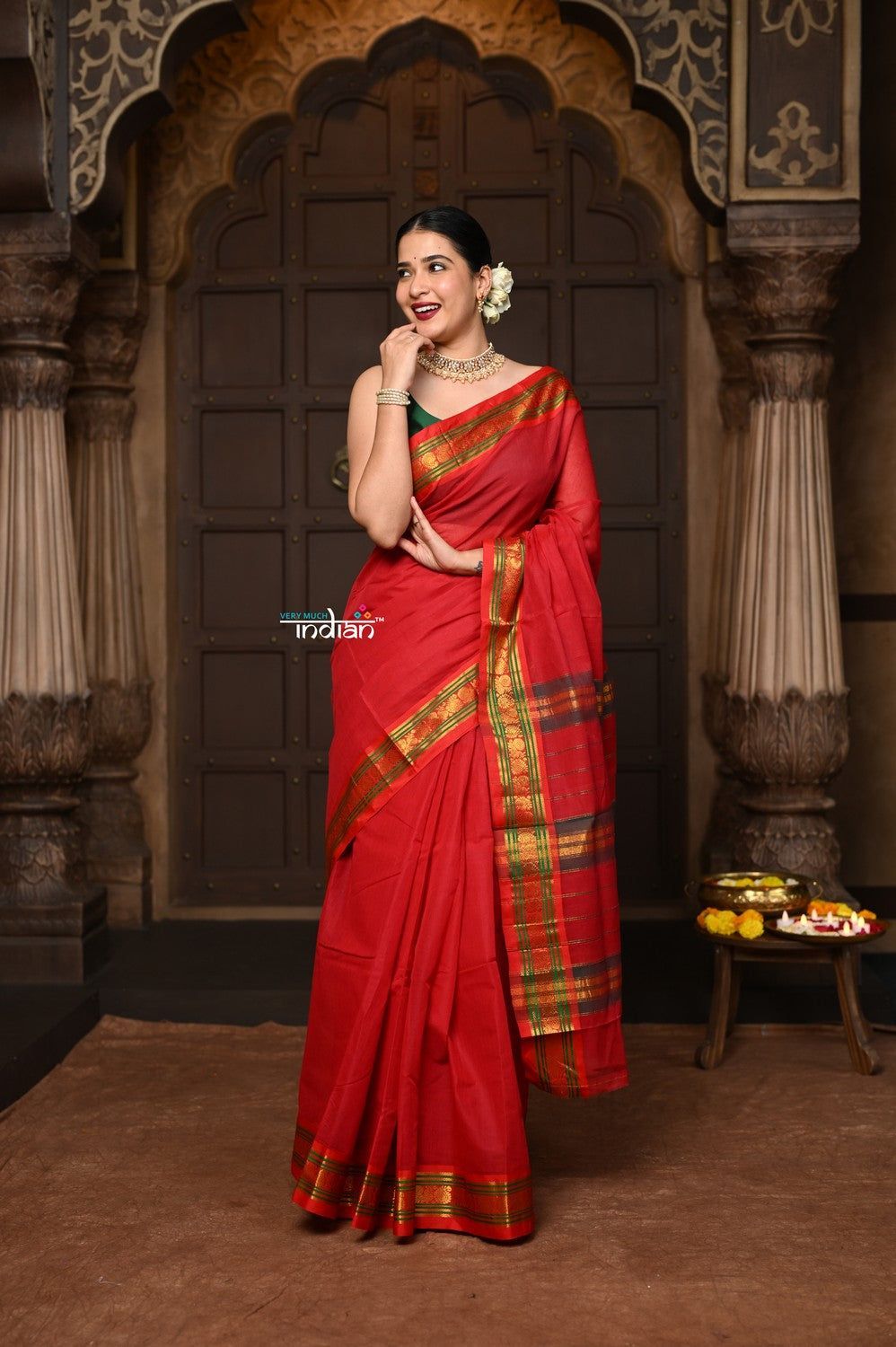 Parampara ~ Classic Pure Cotton Saree in Classic Red with Zari Border & Pallu