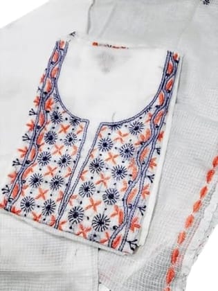 Tulip Handcrafted Kota Doria Unstitched Suit Fabric with Embroidery � White Base with Blue & Orange Floral Work Tulip Handcrafted Kota Doria Unstitched Suit Fabric with Embroidery � White Base with Blue & Orange Floral Work