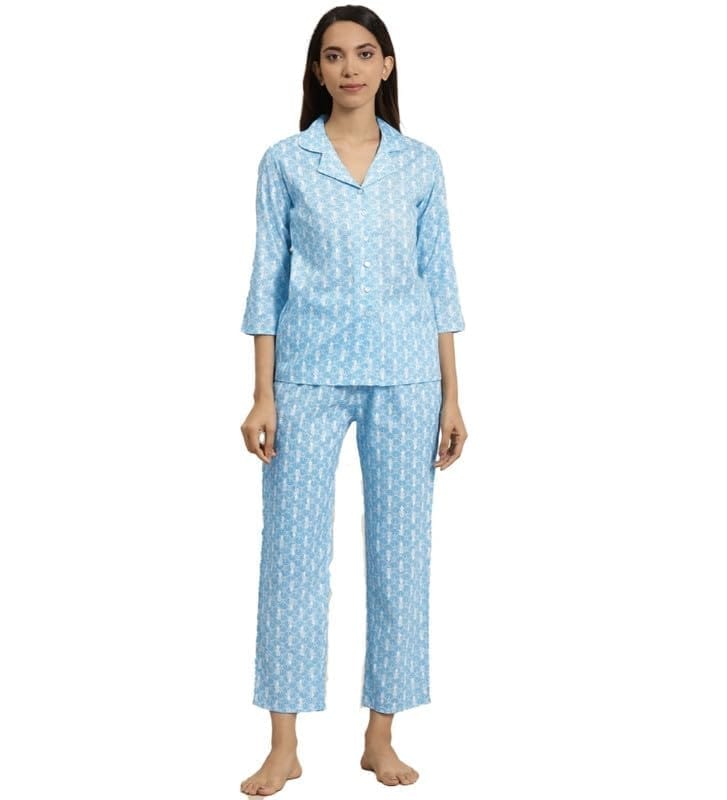 Women's Casual 3/4 th Sleeve Floral Printed Rayon Shirt with Pyjama Pant Night Suit Set (Blue, M)-PID48572