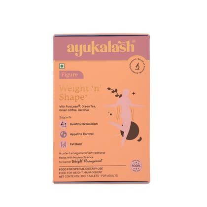 Ayukalash Weight and Shape Tablets (30) | L-Carnitine, Garcinia, Green Tea & Green Coffee | Vegan Supplement for Metabolism, Appetite Control & Fat | Healhty Weight Support | Tablet for Men & Women