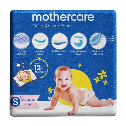 Mothercare Quick Absorb Diaper Pants for Babies, Small (4-8 Kg, 54 Count, Anti Rash Layer, Wide Absorption Area, 1 count)