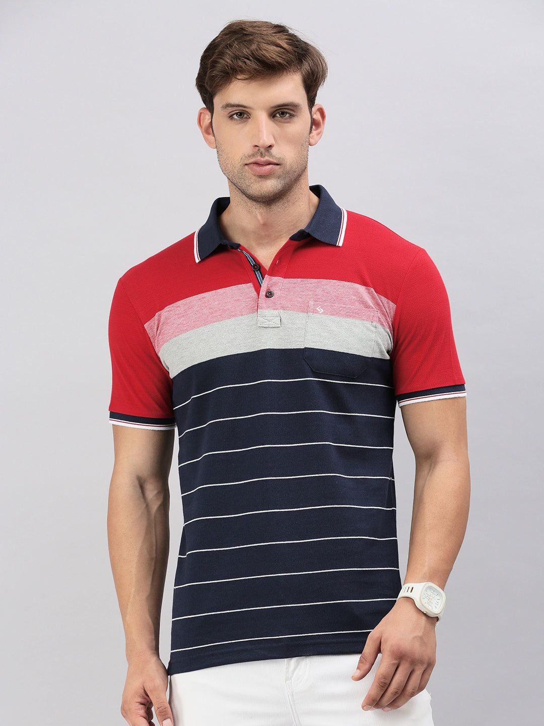 Classic Polo Men's Half Sleeve Navy Blue/Red Polo Neck Slim Fit Striped T-Shirt | VTA - 283 B SF P