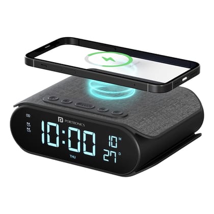 Portronics VoltClock Digital Alarm Clock with Wireless Charging - Black