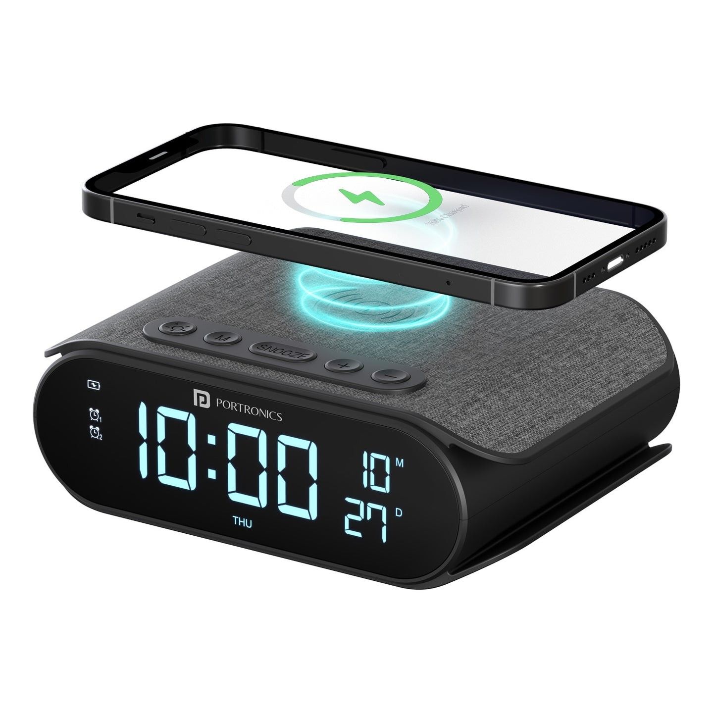 Portronics VoltClock Digital Alarm Clock with Wireless Charging - Black