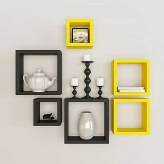 Onlinecraft Wooden Wall Shelf Wooden Wall Shelf (Number Of Shelves - 6, Black, Yellow, Multicolor)