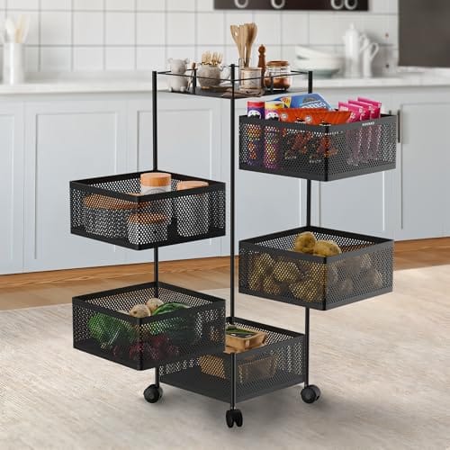 Brand - Solimo 360° Revolving Preassembled Portable 5 Layer Square Multipurpose Storage Kitchen Rack