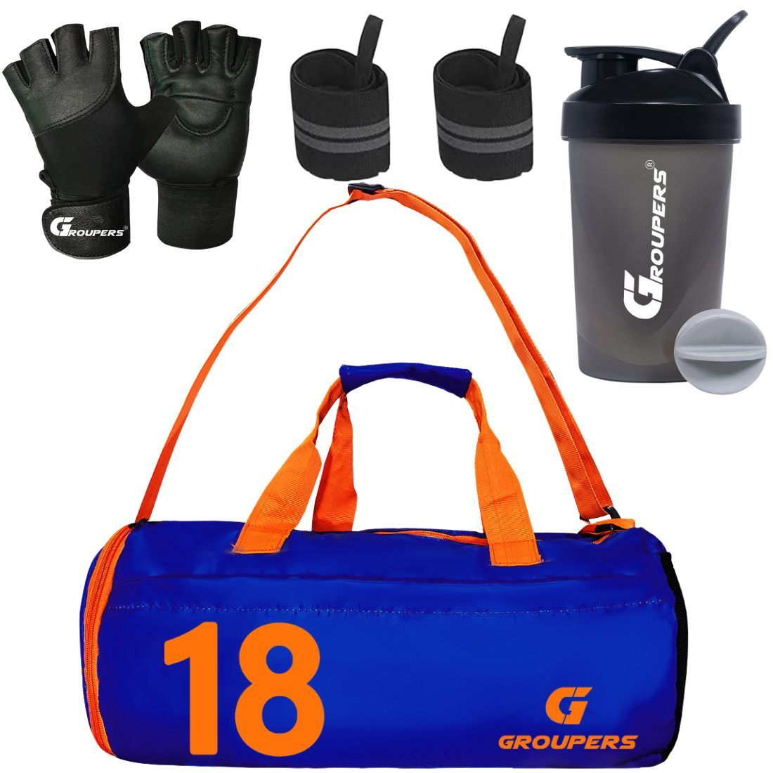 GROUPERS Combo Set of Duffle Polyester Bag with Shaker Bottle-400ml, Wrist Band & Gloves