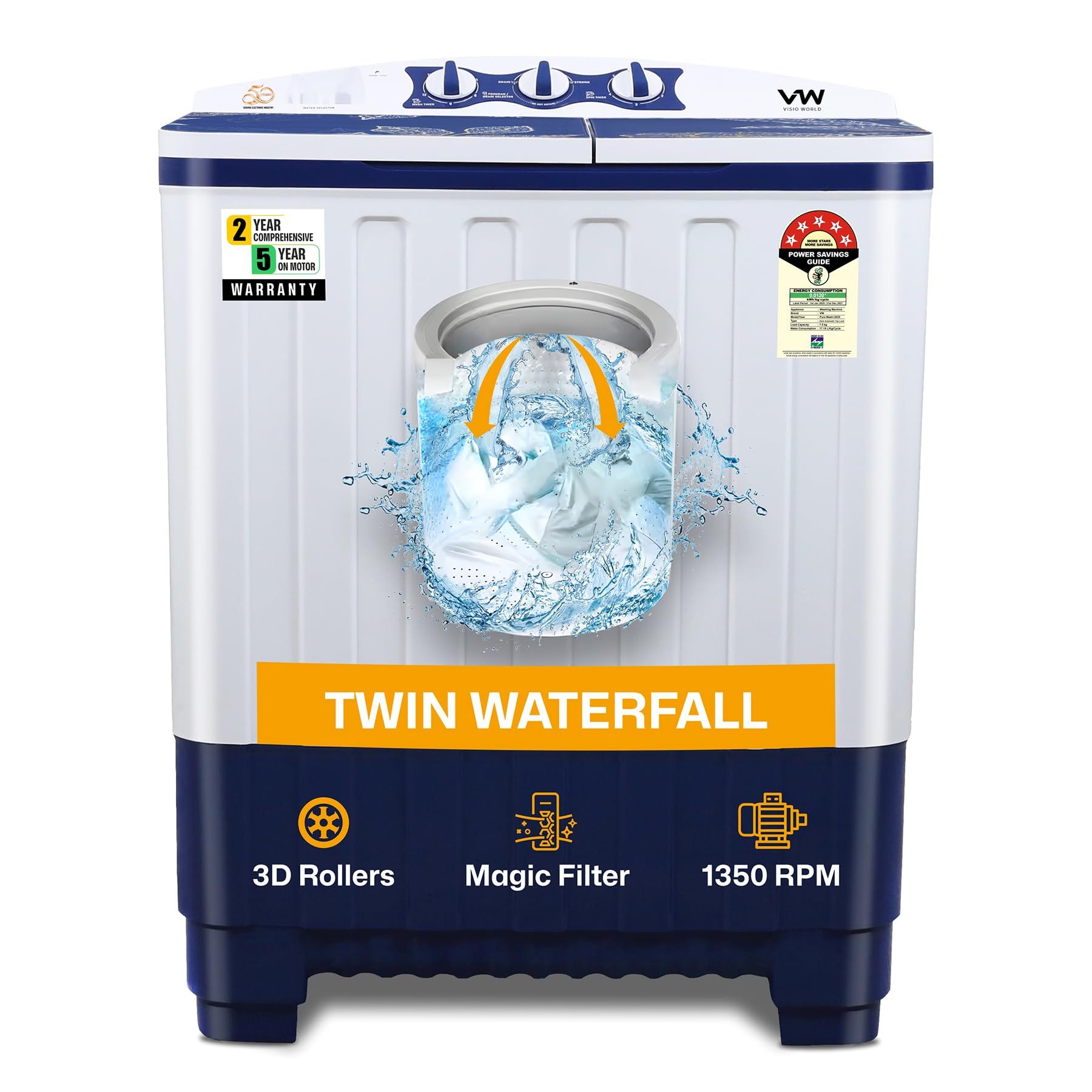 VW 7.5 kg 5 Star Pure Wash with Toughened Glass Semi Automatic Top Load Washing Machine PureWash0075G (White) VW 7.5 kg 5 Star Pure Wash with Toughened Glass Semi Automatic Top Load Washing Machine PureWash0075G (White) - White / 7.5 Kg Glass