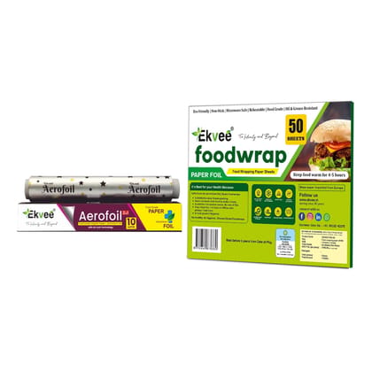 Ekvee Food Wrapping Paper 50 Sheets + Aerofoil - 2 in 1 Aluminium Foil Paper Roll 10 mtr (Combo)