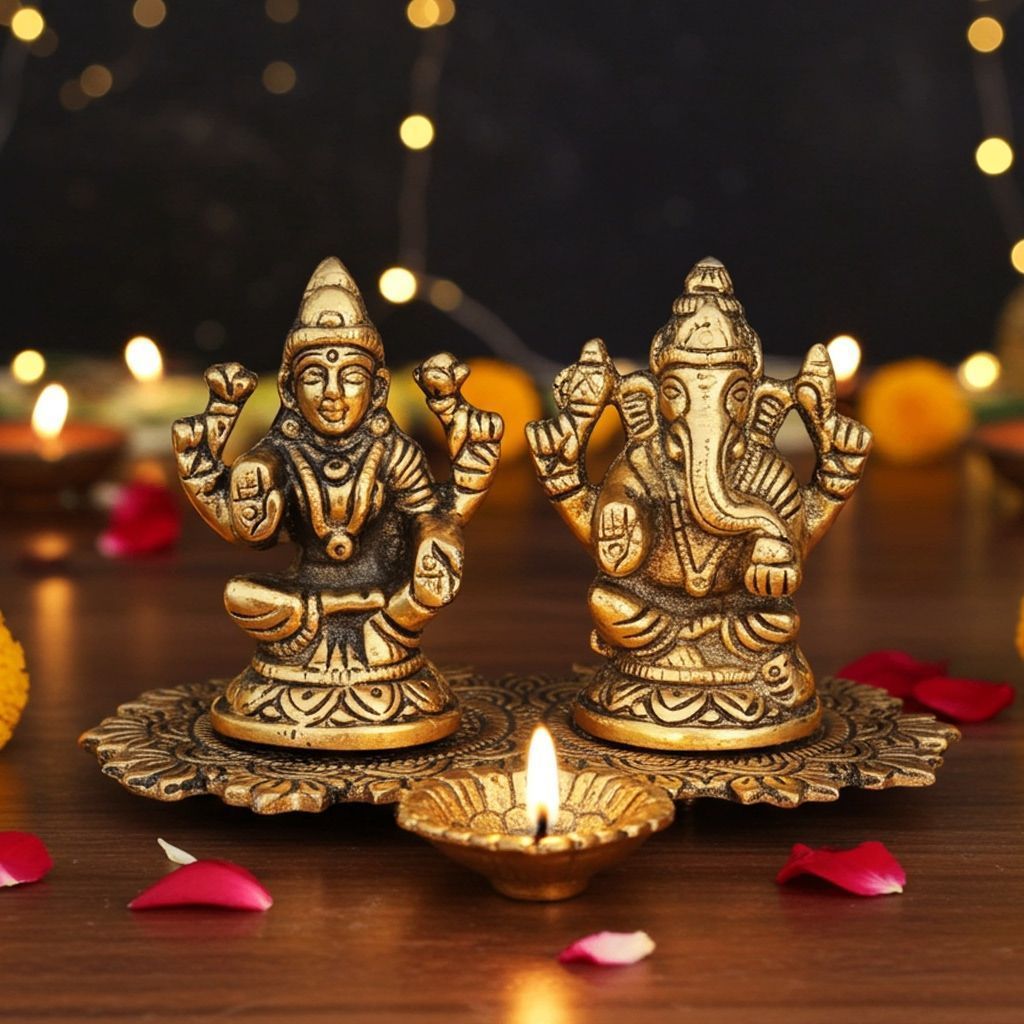 Aluminium Laxmi Ganesh Deepak Idol | Hindu Religious Diwali Decor Statue, Height : 4 Inch (ASMAS387 G)