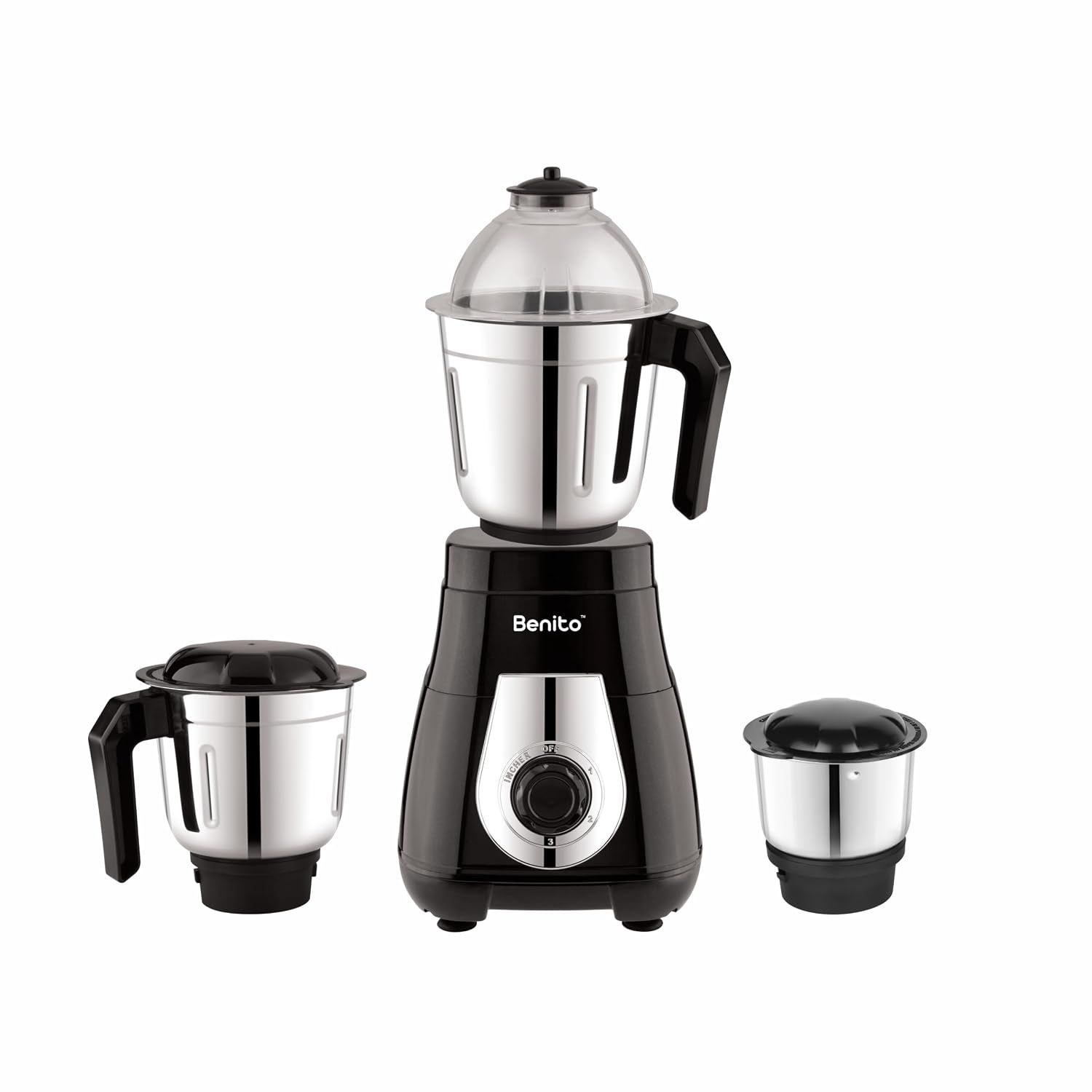 Benito Monza 750W Mixer Grinder Power-Packed Performance with Heavy-Duty Stainless Steel Jars (1.5L, 1.2L, 0.4L) | Elegant Black & Silver | 1-Year Warranty! Benito Monza 750W Mixer Grinder Power-Packed Performance with Heavy-Duty Stainless Steel Jars (1.