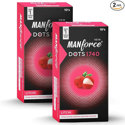 Manforce Litchi Flavoured Extra Dotted Condoms for Men | 20 pcs | Lubricated Latex Condoms | Indias No. 1* Condom Brand for Safe Sex
