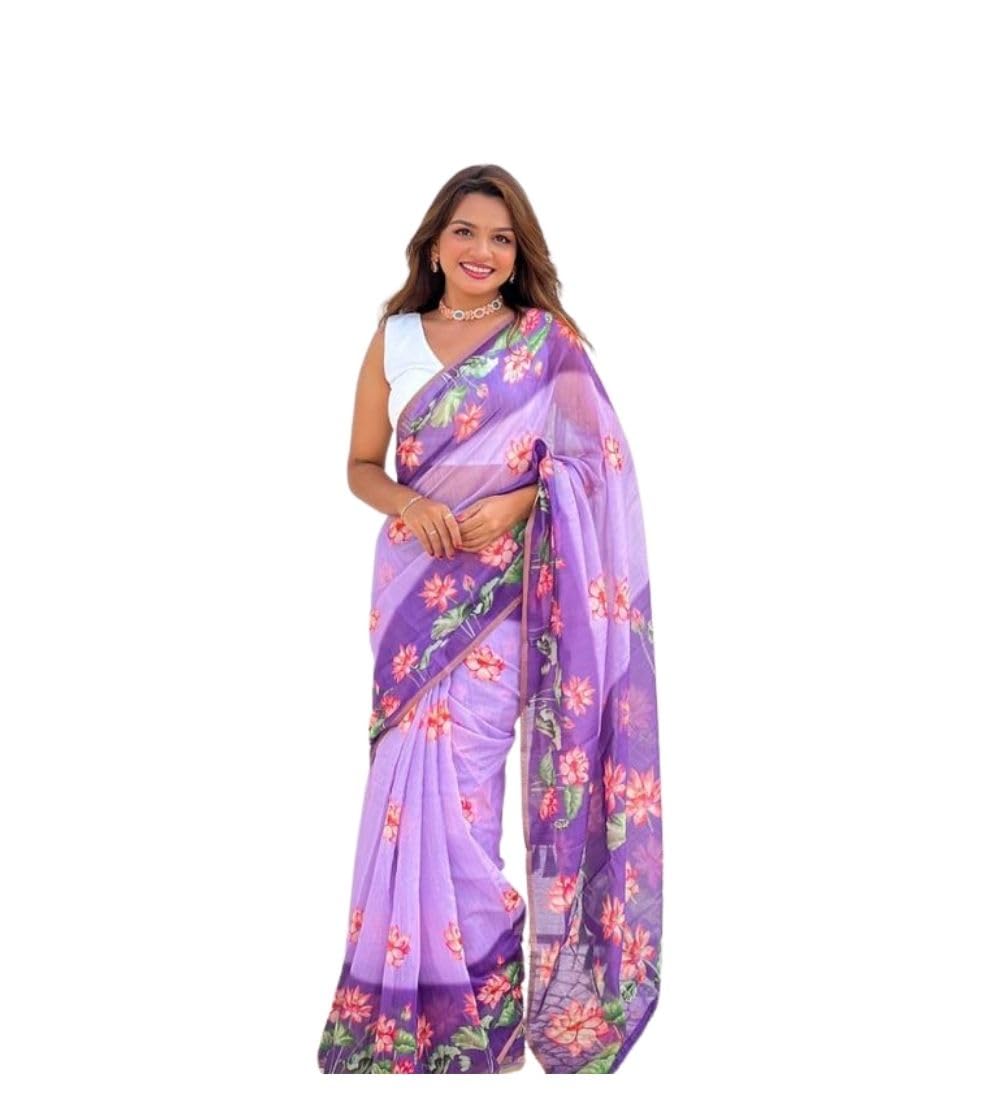 DARSHANS Women's Linen Printed Saree With Unstitched Blouse 5.5Mtr (Purple)-PID65203