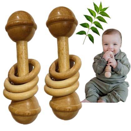 Shreeja Shilpcraft Neem Wooden Baby Rattle Toy, Natural Montessori Teething Dumbbell with Ring, Set of 2
