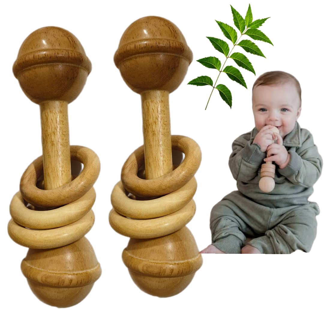 Shreeja Shilpcraft Neem Wooden Baby Rattle Toy, Natural Montessori Teething Dumbbell with Ring, Set of 2